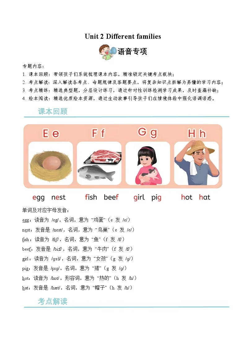 Unit 2 Different families 期末复习（单元语音专项训练）英语人教PEP版三年级上册（新教材）（含答案与解析）